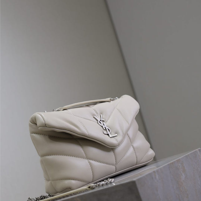 YSL 25S LOULOU PUFFER MINI 23 IN SMOKEY TAUPE CALFSKIN SILVER HARDWARE