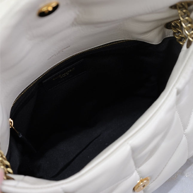 YSL 25S LOULOU PUFFER MM 29 IN BLANC VINTAGE CALFSKIN GOLD HARDWARE