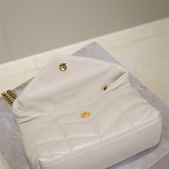 YSL 25S LOULOU PUFFER MINI 23 IN BLANC VINTAGE CALFSKIN GOLD HARDWARE