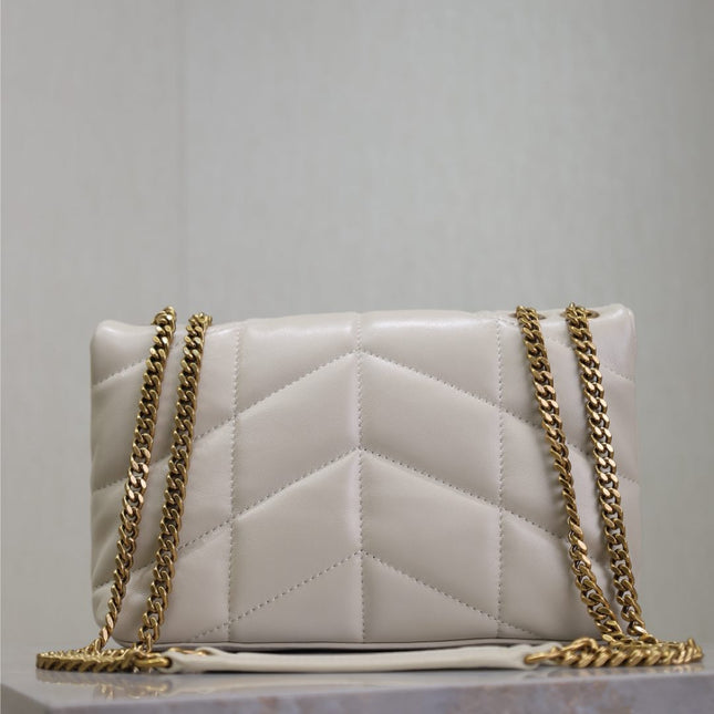 YSL 25S LOULOU PUFFER MINI 23 IN BLANC VINTAGE CALFSKIN GOLD HARDWARE