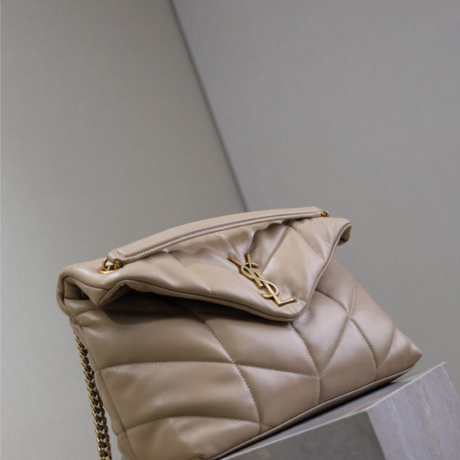 YSL 25S LOULOU PUFFER GM 35 IN BROWN CALFSKIN GOLD HARDWARE
