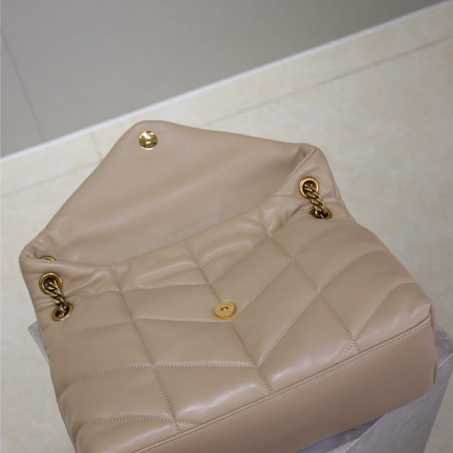 YSL 25S LOULOU PUFFER GM 35 IN BROWN CALFSKIN GOLD HARDWARE