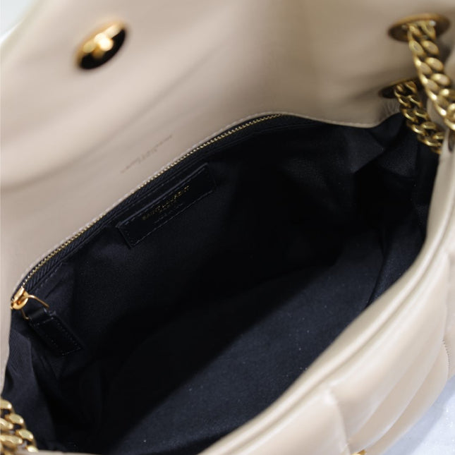 YSL 25S LOULOU PUFFER MM 29 IN BROWN CALFSKIN GOLD HARDWARE