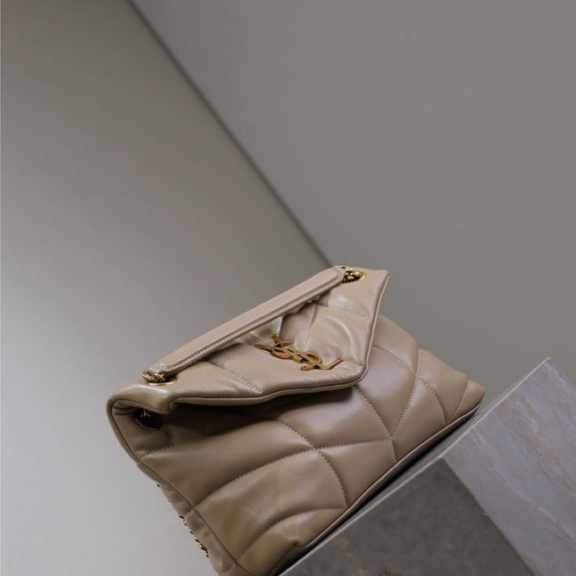 YSL 25S LOULOU PUFFER MM 29 IN BROWN CALFSKIN GOLD HARDWARE