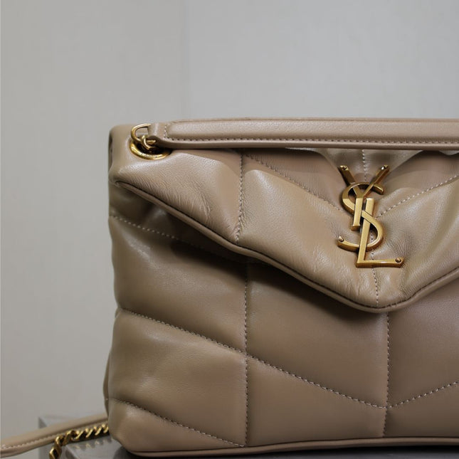 YSL 25S LOULOU PUFFER MM 29 IN BROWN CALFSKIN GOLD HARDWARE