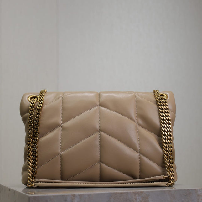 YSL 25S LOULOU PUFFER MM 29 IN BROWN CALFSKIN GOLD HARDWARE
