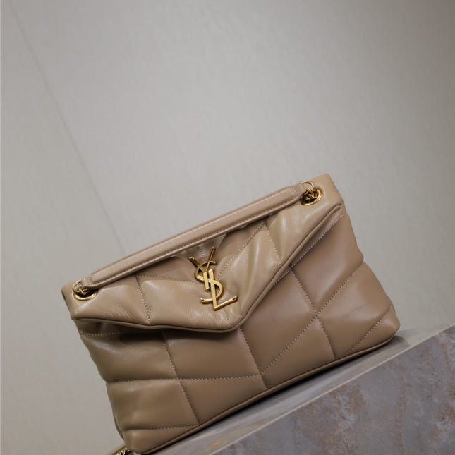 YSL 25S LOULOU PUFFER MM 29 IN BROWN CALFSKIN GOLD HARDWARE