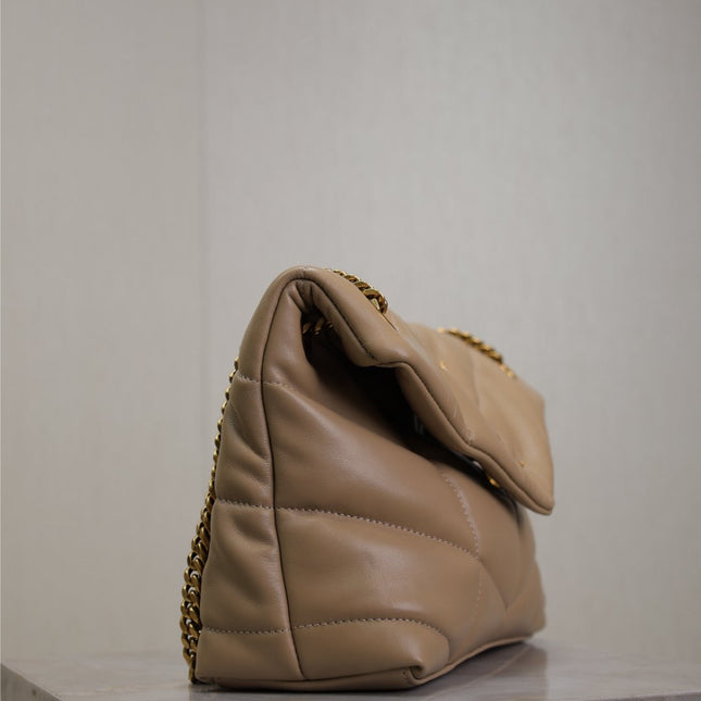 YSL 25S LOULOU PUFFER MM 29 IN BROWN CALFSKIN GOLD HARDWARE