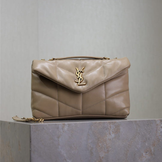 YSL 25S LOULOU PUFFER MINI 23 IN BROWN CALFSKIN GOLD HARDWARE