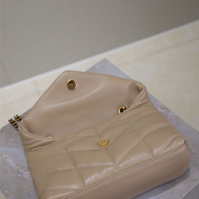 YSL 25S LOULOU PUFFER MINI 23 IN BROWN CALFSKIN GOLD HARDWARE