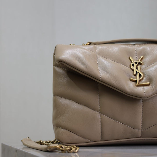 YSL 25S LOULOU PUFFER MINI 23 IN BROWN CALFSKIN GOLD HARDWARE