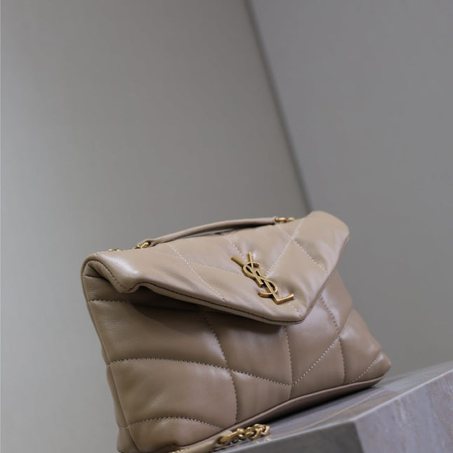 YSL 25S LOULOU PUFFER MINI 23 IN BROWN CALFSKIN GOLD HARDWARE