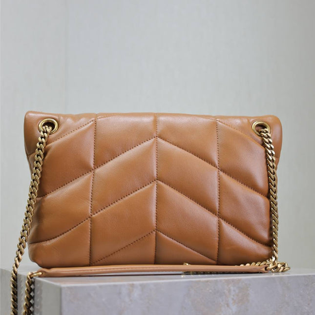YSL 25S LOULOU PUFFER MM 29 IN CARAMEL CALFSKIN GOLD HARDWARE