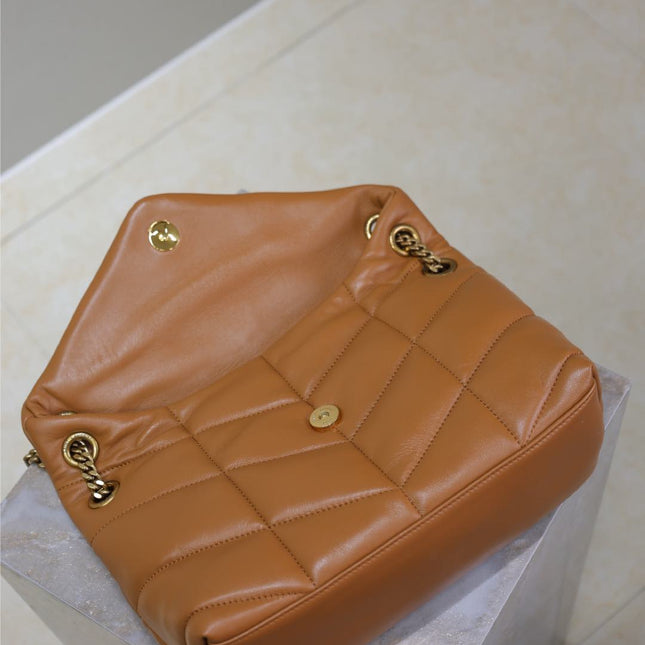 YSL 25S LOULOU PUFFER MM 29 IN CARAMEL CALFSKIN GOLD HARDWARE