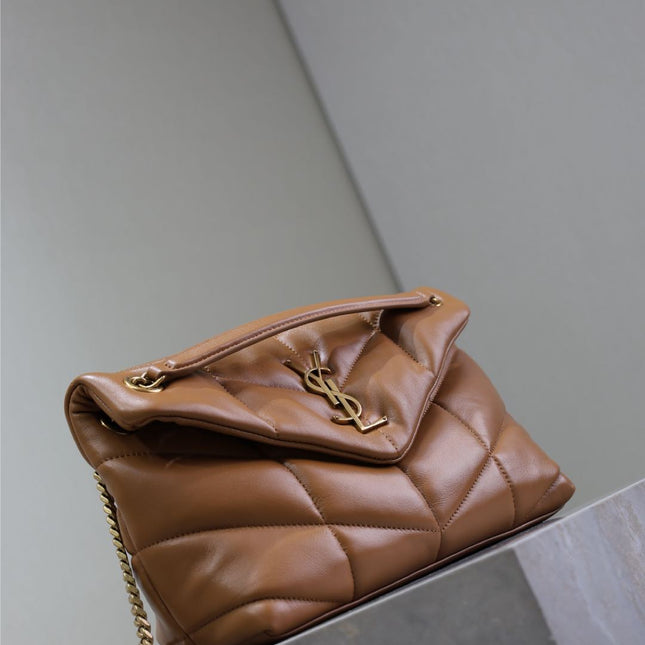 YSL 25S LOULOU PUFFER MM 29 IN CARAMEL CALFSKIN GOLD HARDWARE