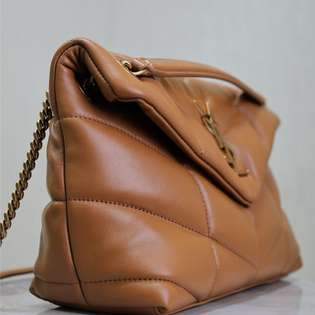 YSL 25S LOULOU PUFFER MM 29 IN CARAMEL CALFSKIN GOLD HARDWARE