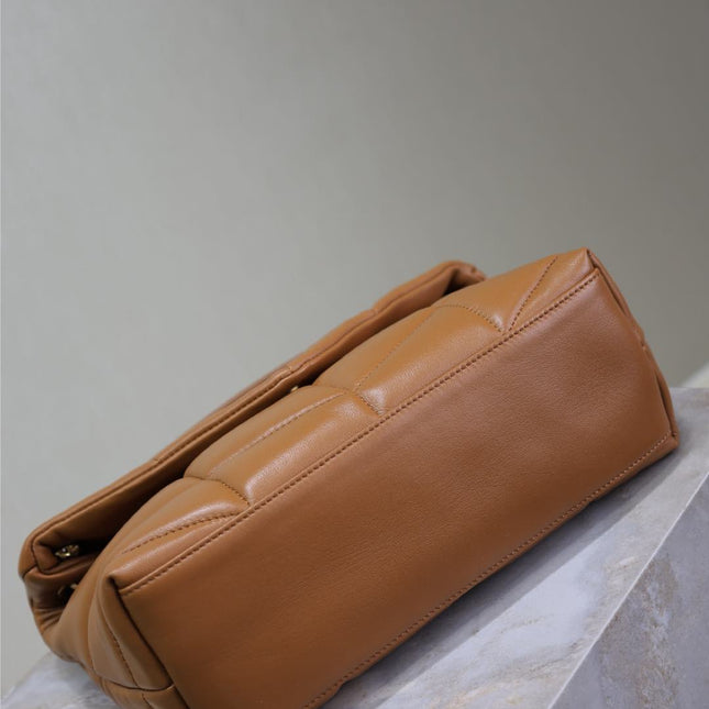 YSL 25S LOULOU PUFFER MM 29 IN CARAMEL CALFSKIN GOLD HARDWARE