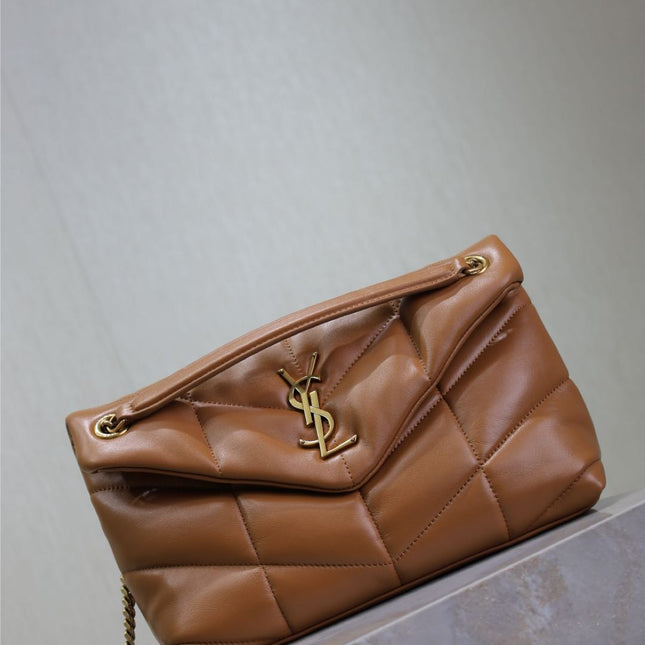 YSL 25S LOULOU PUFFER MM 29 IN CARAMEL CALFSKIN GOLD HARDWARE