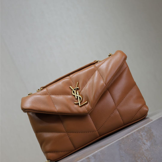 YSL 25S LOULOU PUFFER MINI 23 IN CARAMEL CALFSKIN GOLD HARDWARE