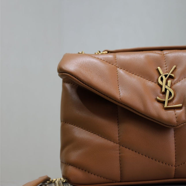 YSL 25S LOULOU PUFFER MINI 23 IN CARAMEL CALFSKIN GOLD HARDWARE