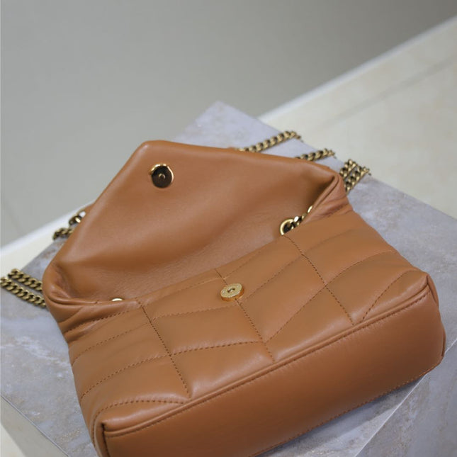 YSL 25S LOULOU PUFFER MINI 23 IN CARAMEL CALFSKIN GOLD HARDWARE