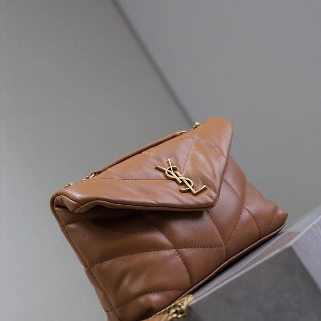 YSL 25S LOULOU PUFFER MINI 23 IN CARAMEL CALFSKIN GOLD HARDWARE