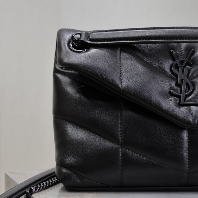 YSL 25S LOULOU PUFFER MM 29 IN BLACK CALFSKIN BLACK HARDWARE