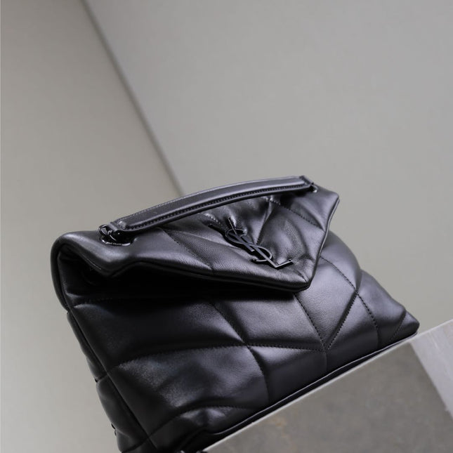 YSL 25S LOULOU PUFFER MM 29 IN BLACK CALFSKIN BLACK HARDWARE