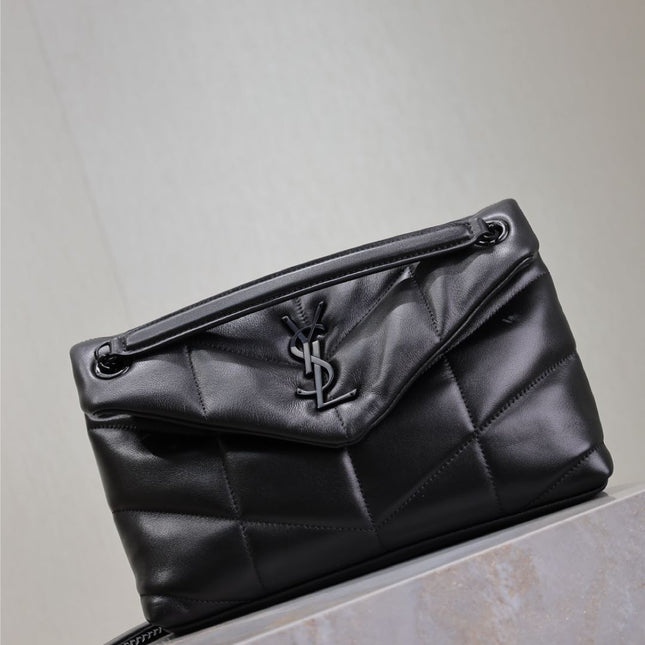 YSL 25S LOULOU PUFFER MM 29 IN BLACK CALFSKIN BLACK HARDWARE