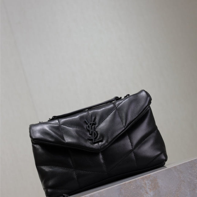 YSL 25S LOULOU PUFFER MINI 23 IN BLACK CALFSKIN BLACK HARDWARE