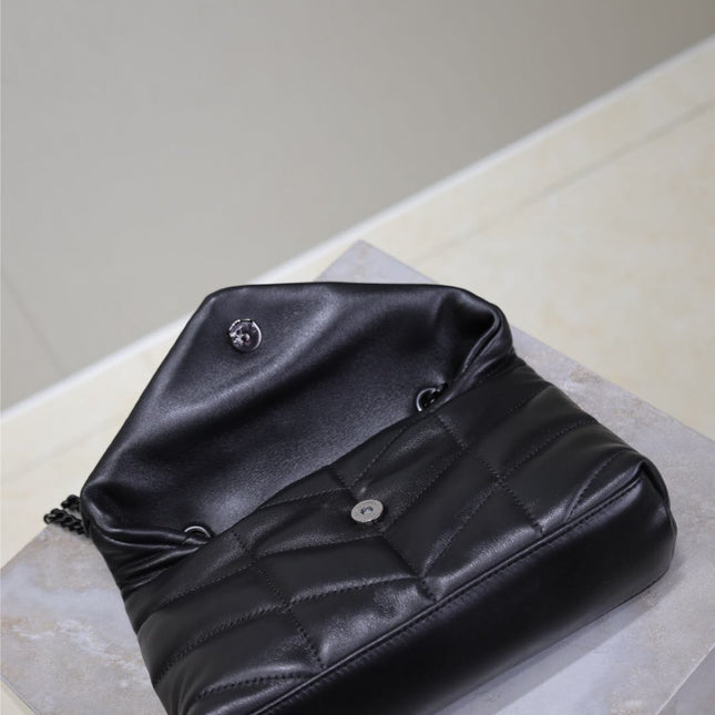 YSL 25S LOULOU PUFFER MINI 23 IN BLACK CALFSKIN BLACK HARDWARE