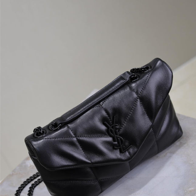 YSL 25S LOULOU PUFFER MINI 23 IN BLACK CALFSKIN BLACK HARDWARE