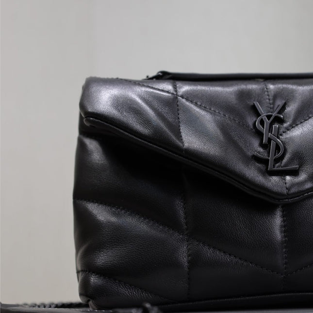 YSL 25S LOULOU PUFFER MINI 23 IN BLACK CALFSKIN BLACK HARDWARE