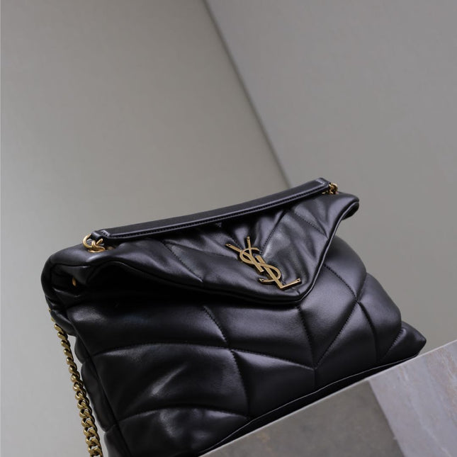 YSL 25S LOULOU PUFFER GM 35 IN BLACK CALFSKIN GOLD HARDWARE