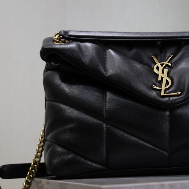YSL 25S LOULOU PUFFER GM 35 IN BLACK CALFSKIN GOLD HARDWARE