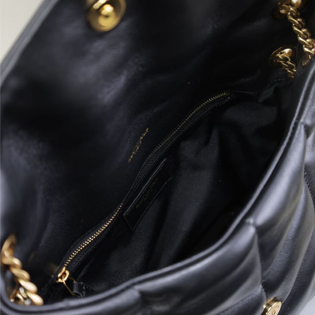 YSL 25S LOULOU PUFFER MM 29 IN BLACK CALFSKIN GOLD HARDWARE