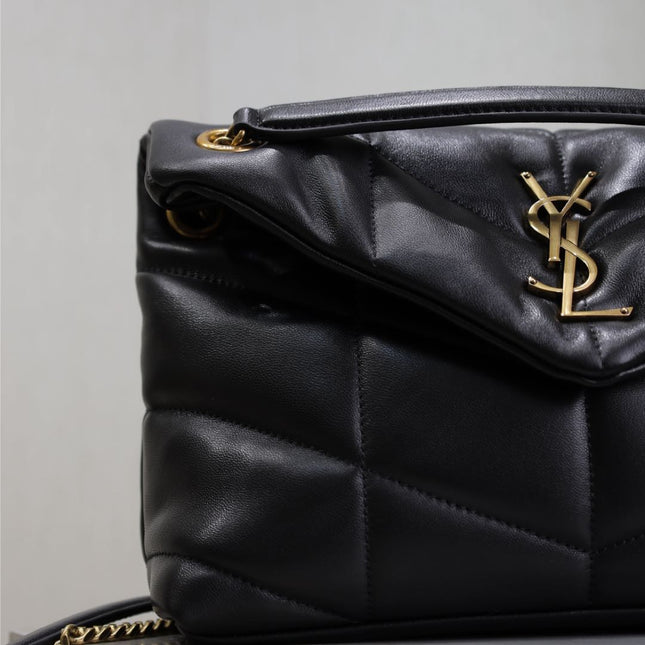 YSL 25S LOULOU PUFFER MM 29 IN BLACK CALFSKIN GOLD HARDWARE