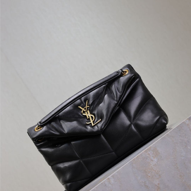 YSL 25S LOULOU PUFFER MM 29 IN BLACK CALFSKIN GOLD HARDWARE