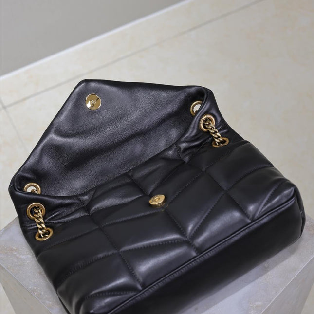 YSL 25S LOULOU PUFFER MM 29 IN BLACK CALFSKIN GOLD HARDWARE