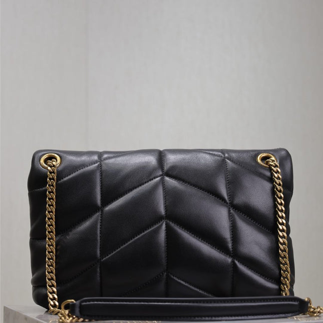 YSL 25S LOULOU PUFFER MM 29 IN BLACK CALFSKIN GOLD HARDWARE