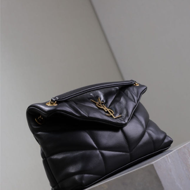 YSL 25S LOULOU PUFFER MM 29 IN BLACK CALFSKIN GOLD HARDWARE