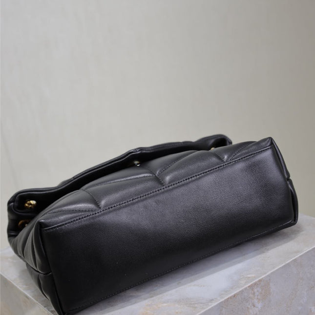 YSL 25S LOULOU PUFFER MM 29 IN BLACK CALFSKIN GOLD HARDWARE