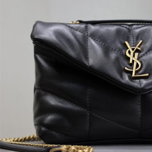 YSL 25S LOULOU PUFFER MINI 23 IN BLACK CALFSKIN GOLD HARDWARE