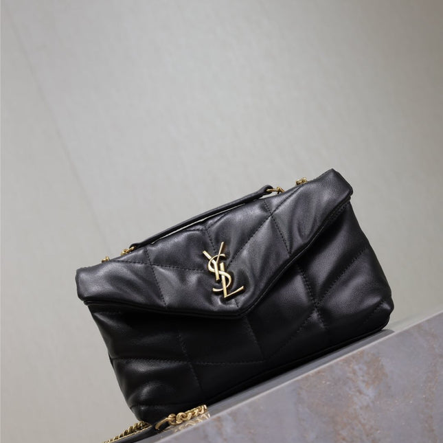 YSL 25S LOULOU PUFFER MINI 23 IN BLACK CALFSKIN GOLD HARDWARE