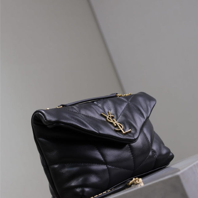 YSL 25S LOULOU PUFFER MINI 23 IN BLACK CALFSKIN GOLD HARDWARE