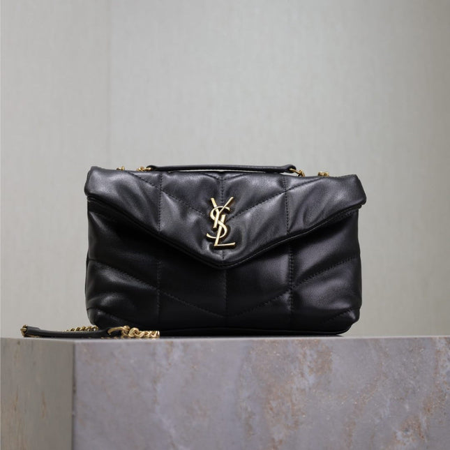 YSL 25S LOULOU PUFFER MINI 23 IN BLACK CALFSKIN GOLD HARDWARE