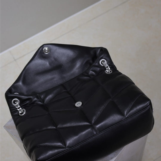 YSL 25S LOULOU PUFFER GM 35 IN BLACK CALFSKIN SILVER HARDWARE
