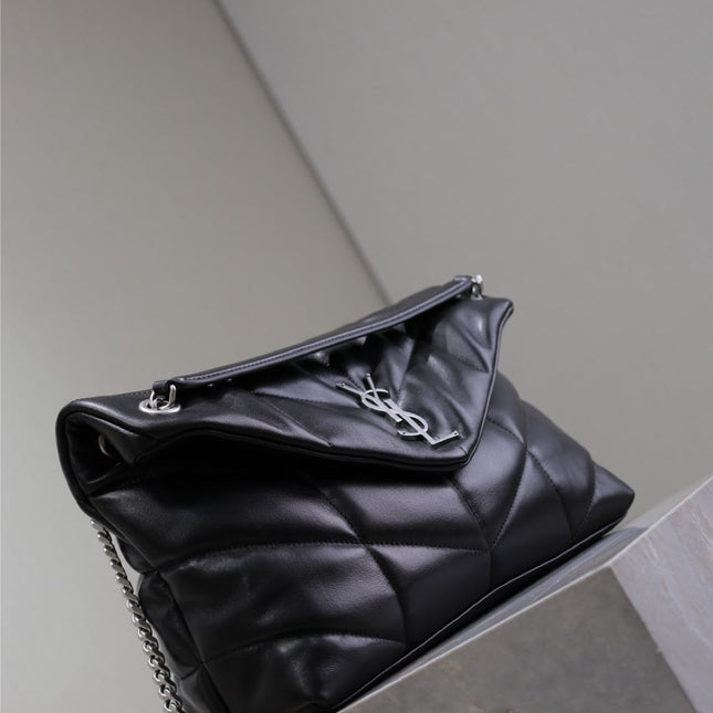 YSL 25S LOULOU PUFFER GM 35 IN BLACK CALFSKIN SILVER HARDWARE