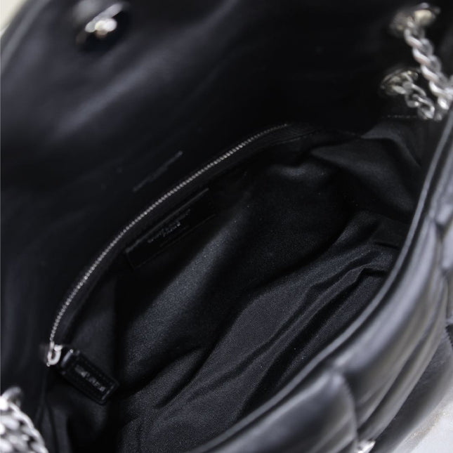 YSL 25S LOULOU PUFFER MM 29 IN BLACK CALFSKIN SILVER HARDWARE