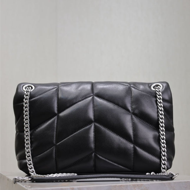 YSL 25S LOULOU PUFFER MM 29 IN BLACK CALFSKIN SILVER HARDWARE